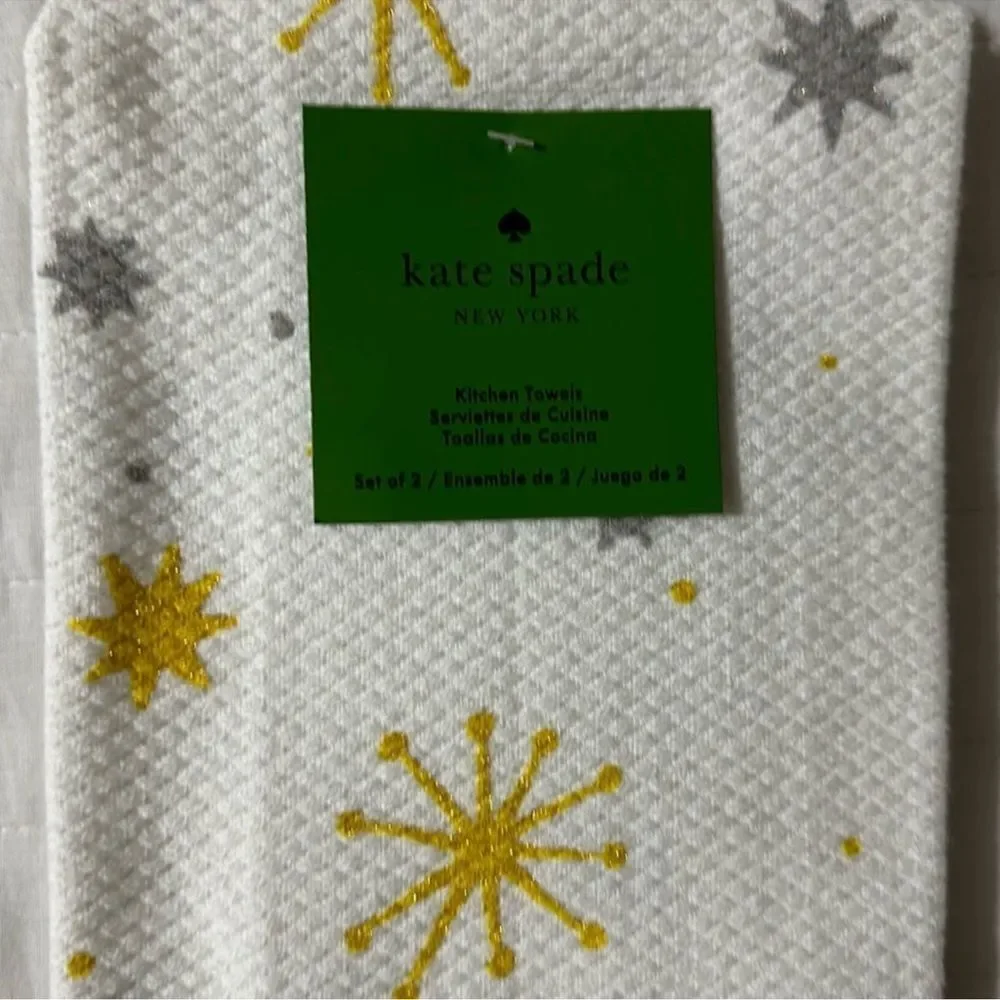 kate spade Christmas Star White Gold Silver Gray Cotton Kitchen 2 Towel Set